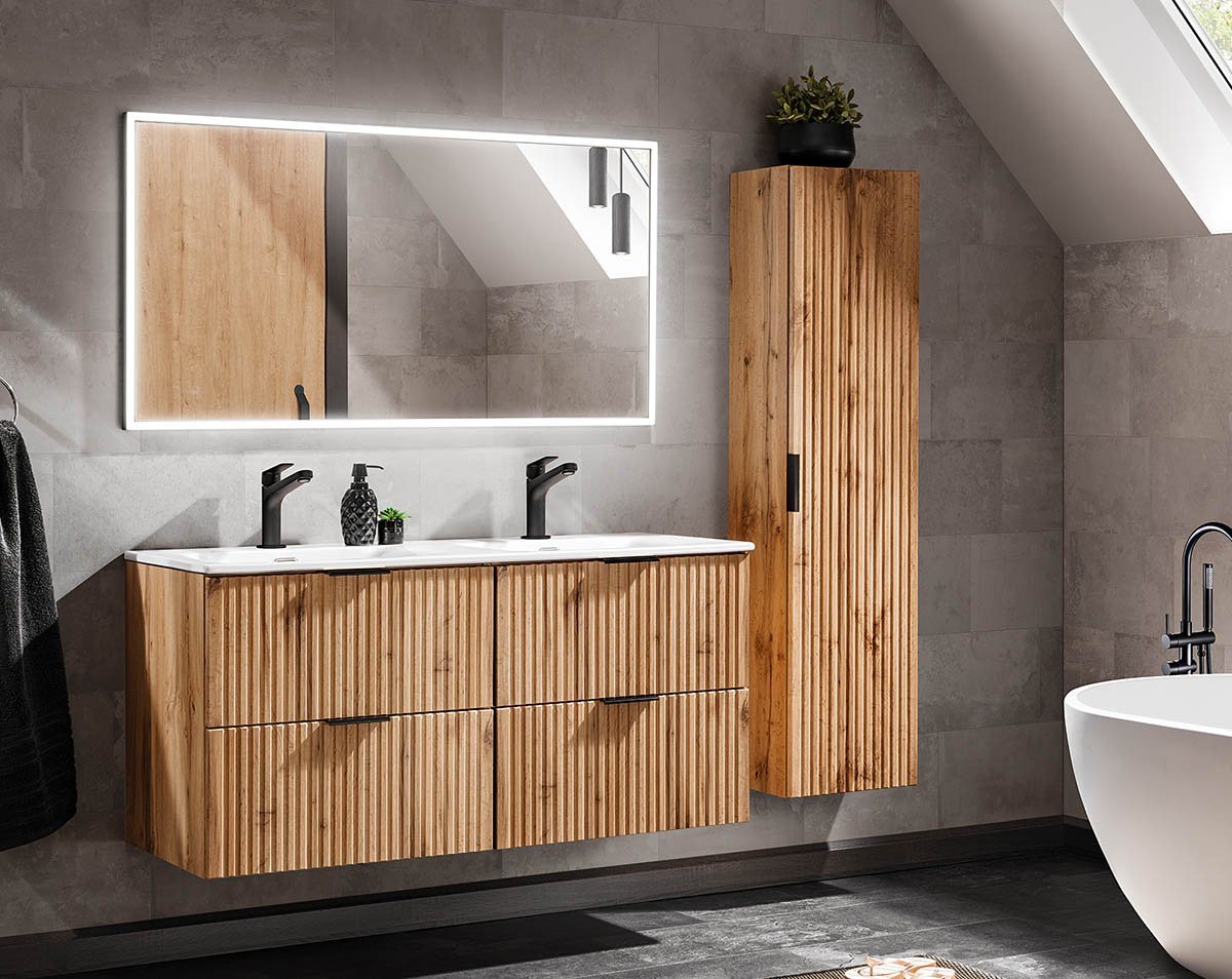 einfachgutemoebel Waschtisch-Set Badezimmer Set 3-teilig PORTREE 120cm, Einbaubecken wht, Wotan-Eiche, (Badmöbel Set, 1-St., Waschtisch Set) von einfachgutemoebel