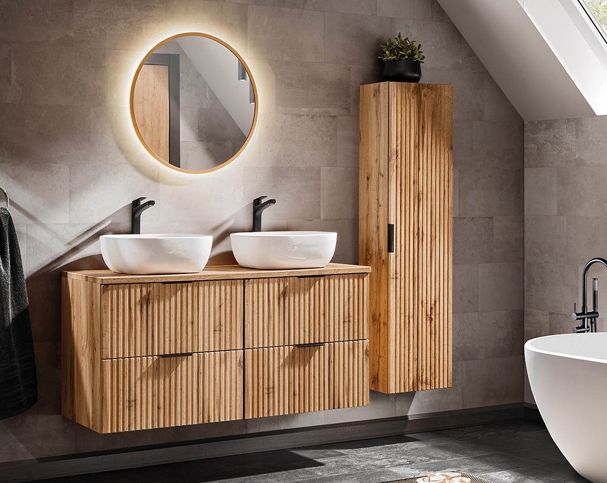 einfachgutemoebel Waschtisch-Set Badezimmer Set 3-teilig PORTREE 120cm, Waschbecken weiß, Wotan-Eiche, (Badmöbel Set, 1-St., Waschtisch Set) von einfachgutemoebel