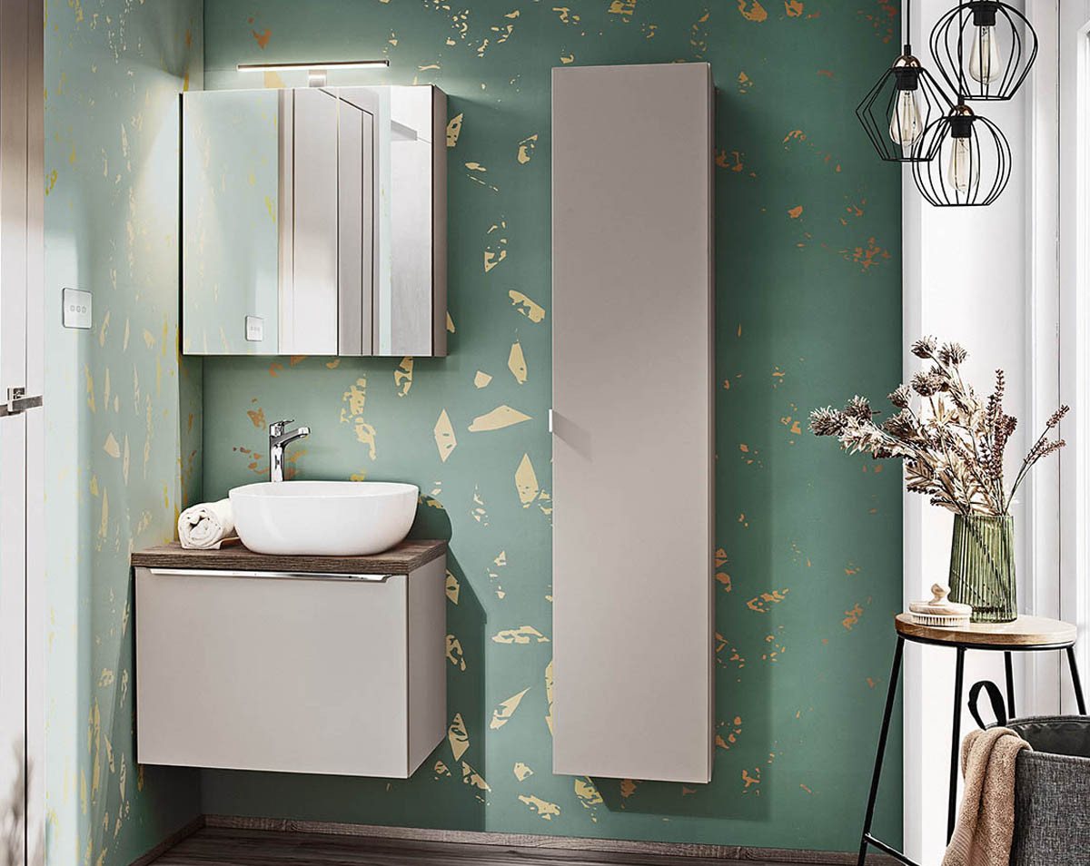einfachgutemoebel Waschtisch-Set Badezimmer Set 3-teilig TRUFFEAU 60cm, Becken weiß, Trüffel-Eiche, (Badmöbel Set, 1-St., Waschtisch Unterschrank) von einfachgutemoebel