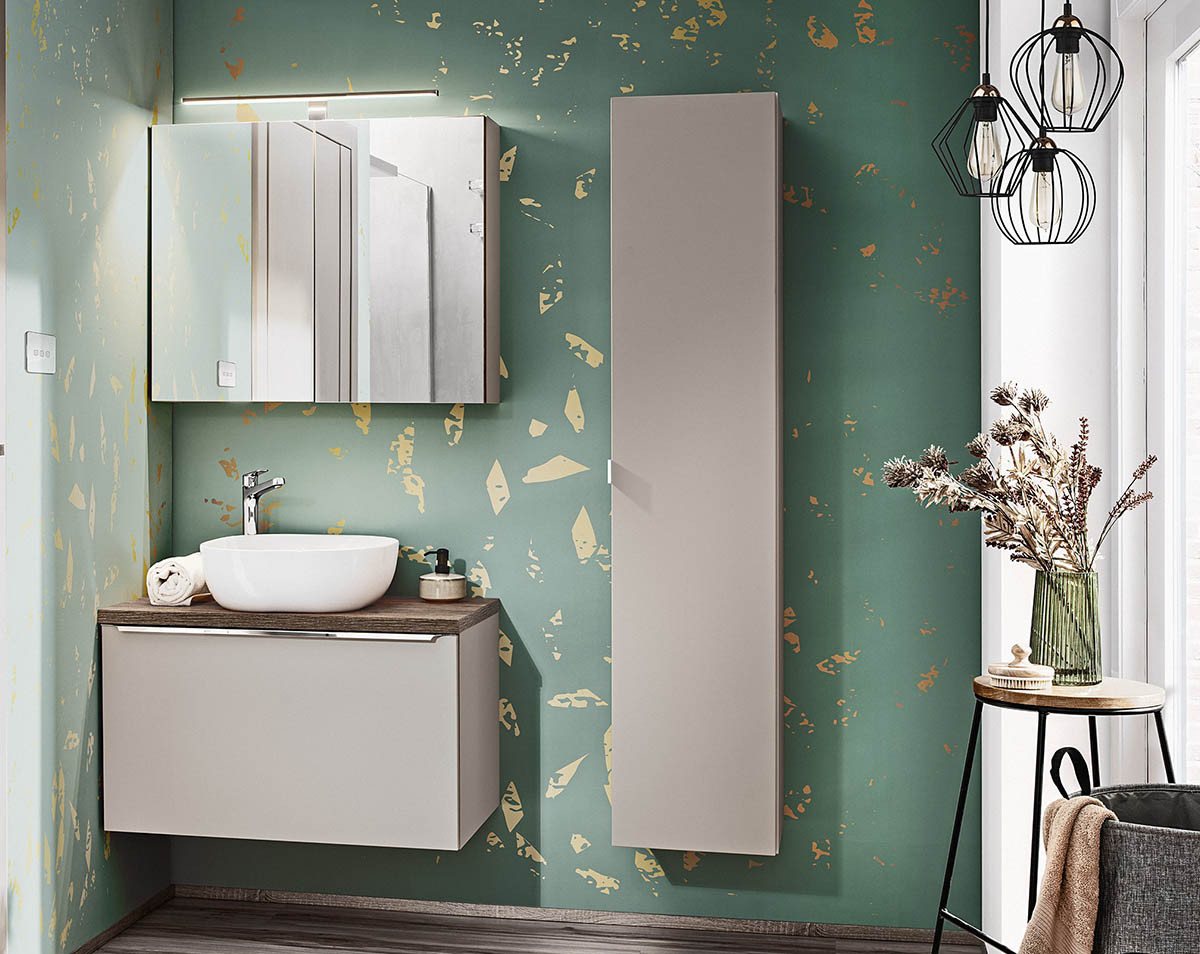 einfachgutemoebel Waschtisch-Set Badezimmer Set 3-teilig TRUFFEAU 80cm, Becken weiß, Trüffel-Eiche, (Badmöbel Set, 1-St., Waschtisch Unterschrank) von einfachgutemoebel