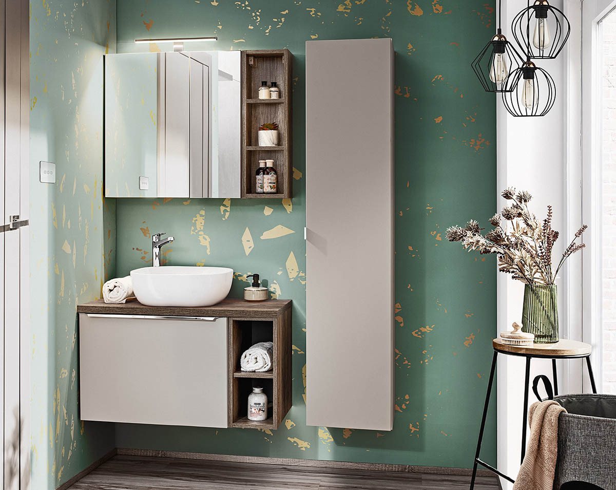 einfachgutemoebel Waschtisch-Set Badezimmer Set 3-teilig TRUFFEAU 80cm II, Becken weiß, Trüffel-Eiche, (Badmöbel Set, 1-St., Waschtisch Unterschrank) von einfachgutemoebel