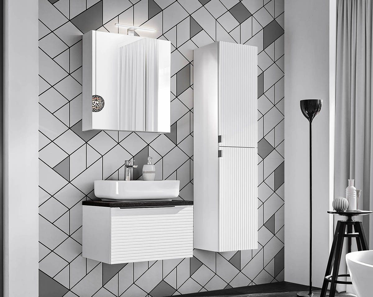 einfachgutemoebel Waschtisch-Set Badezimmer Set 3-tlg Whitskand 60cm, Aufsatzbecken, weiß-graueiche von einfachgutemoebel