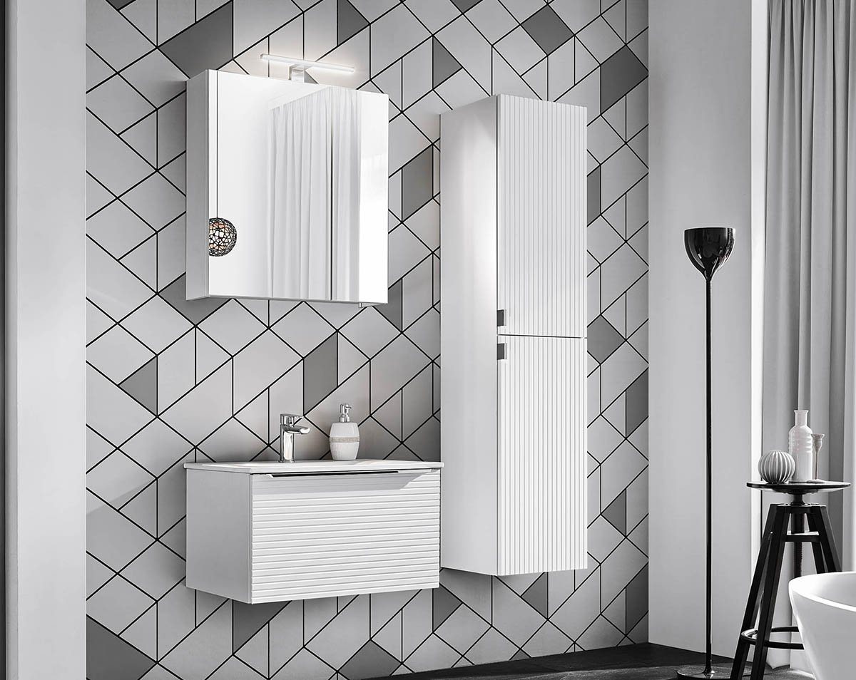 einfachgutemoebel Waschtisch-Set Badezimmer Set 3-tlg Whitskand 60cm, Einbaubecken, weiß-graueiche von einfachgutemoebel