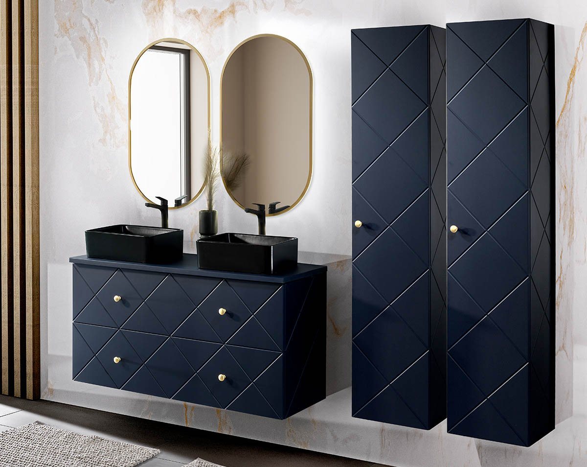 einfachgutemoebel Waschtisch-Set Badezimmer Set 4-teilig BLUMOND 120cm, 2x Becken black, Dark Blue von einfachgutemoebel