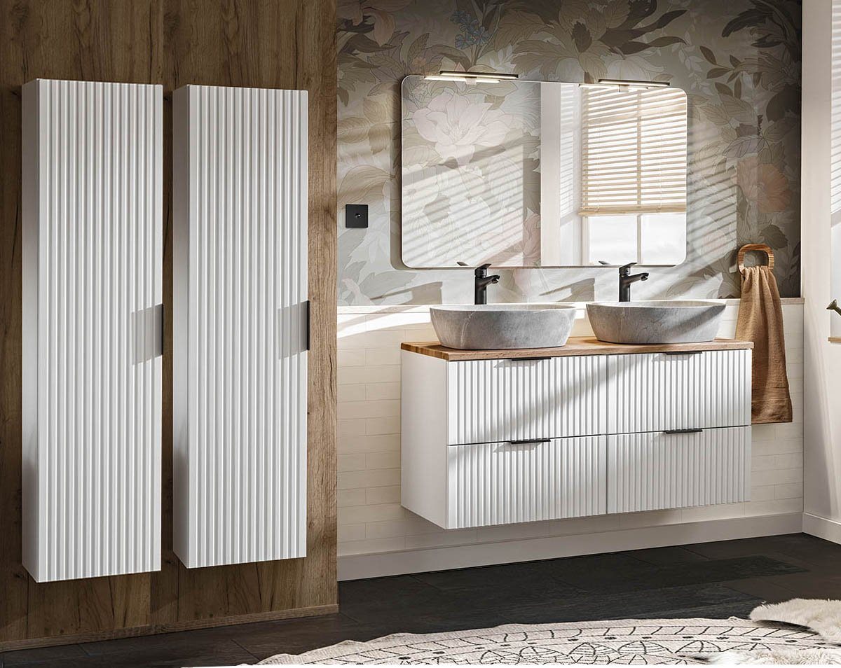einfachgutemoebel Waschtisch-Set Badezimmer Set 4-teilig Blanchette 120cm, Keramikbecken, weiß-eiche, (Badmöbel Set, 1-St., Waschtisch Set 4-teilig) von einfachgutemoebel