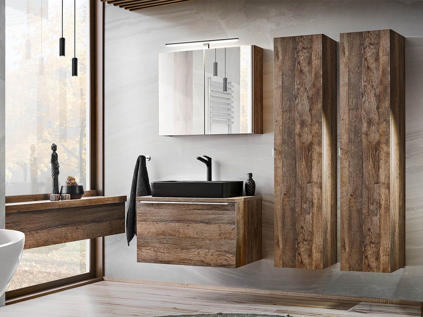 einfachgutemoebel Waschtisch-Set Badezimmer Set 4-teilig OAKLEE 80cm, Aufsatz-Becken, Rauch-Eiche, (Badmöbel Set, 1-St., Waschtisch Unterschrank) von einfachgutemoebel