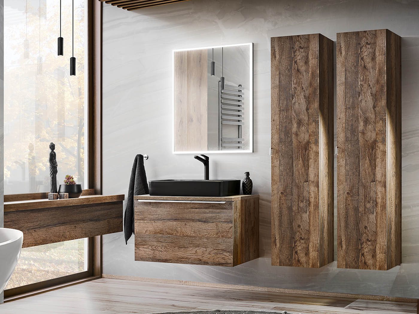einfachgutemoebel Waschtisch-Set Badezimmer Set 4-teilig OAKLEE 80cm, Aufsatz-Becken, Rauch-Eiche, (Badmöbel Set, 1-St., Waschtisch Unterschrank) von einfachgutemoebel