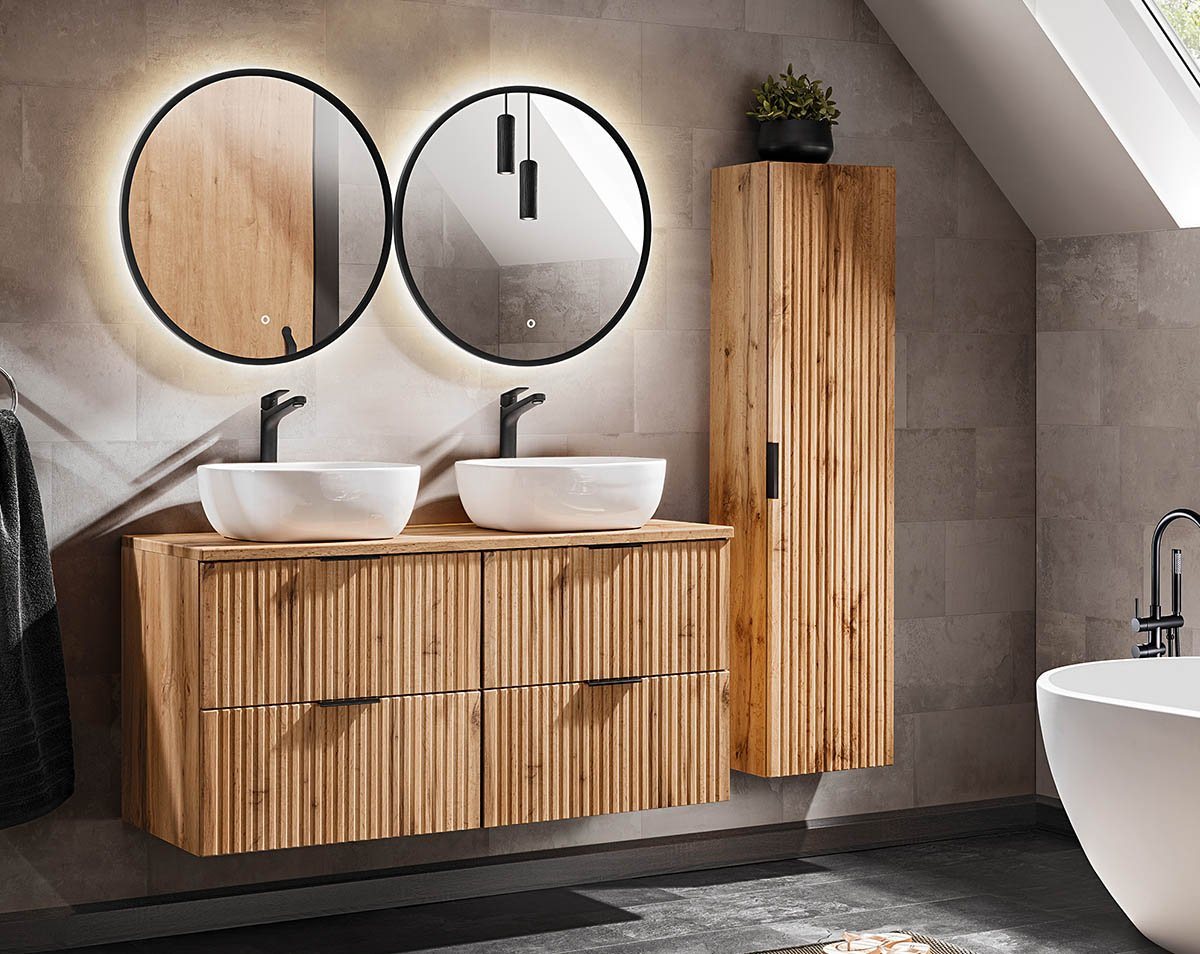 einfachgutemoebel Waschtisch-Set Badezimmer Set 4-teilig PORTREE 120cm, Aufsatzbecken, Wotan-Eiche von einfachgutemoebel
