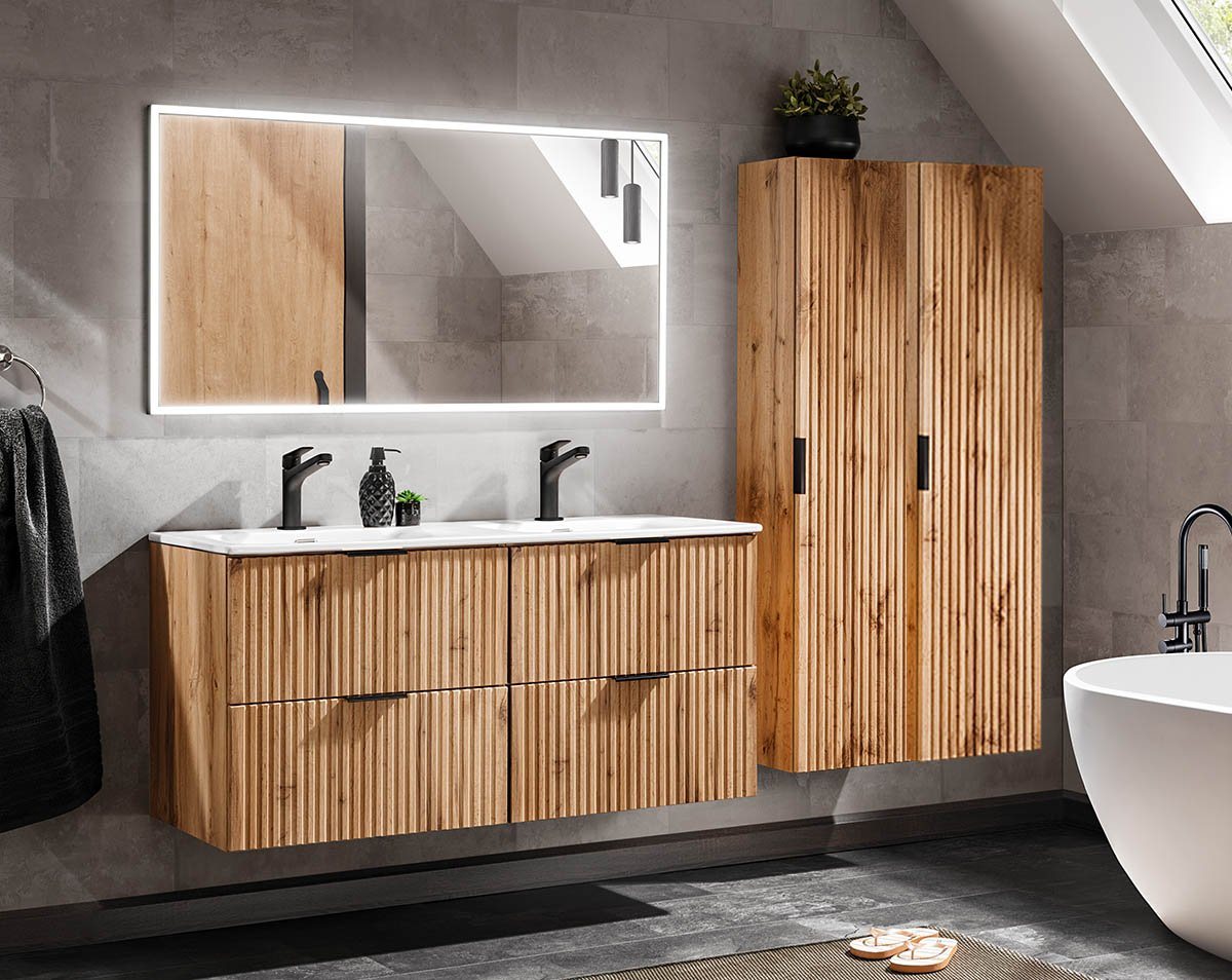 einfachgutemoebel Waschtisch-Set Badezimmer Set 4-teilig PORTREE 120cm, Einbaubecken, Wotan-Eiche von einfachgutemoebel
