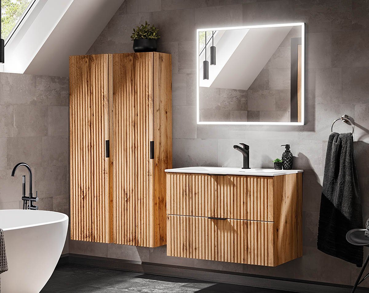 einfachgutemoebel Waschtisch-Set Badezimmer Set 4-teilig PORTREE 80cm, Einbaubecken weiß, Wotan-Eiche von einfachgutemoebel