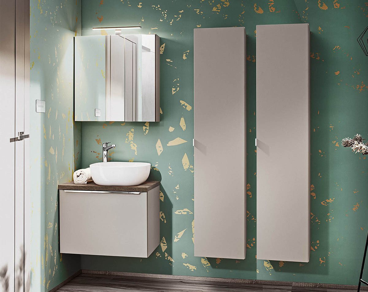 einfachgutemoebel Waschtisch-Set Badezimmer Set 4-teilig TRUFFEAU 60cm, Becken weiß, Trüffel-Eiche, (Badmöbel Set, 1-St., Waschtisch Unterschrank) von einfachgutemoebel
