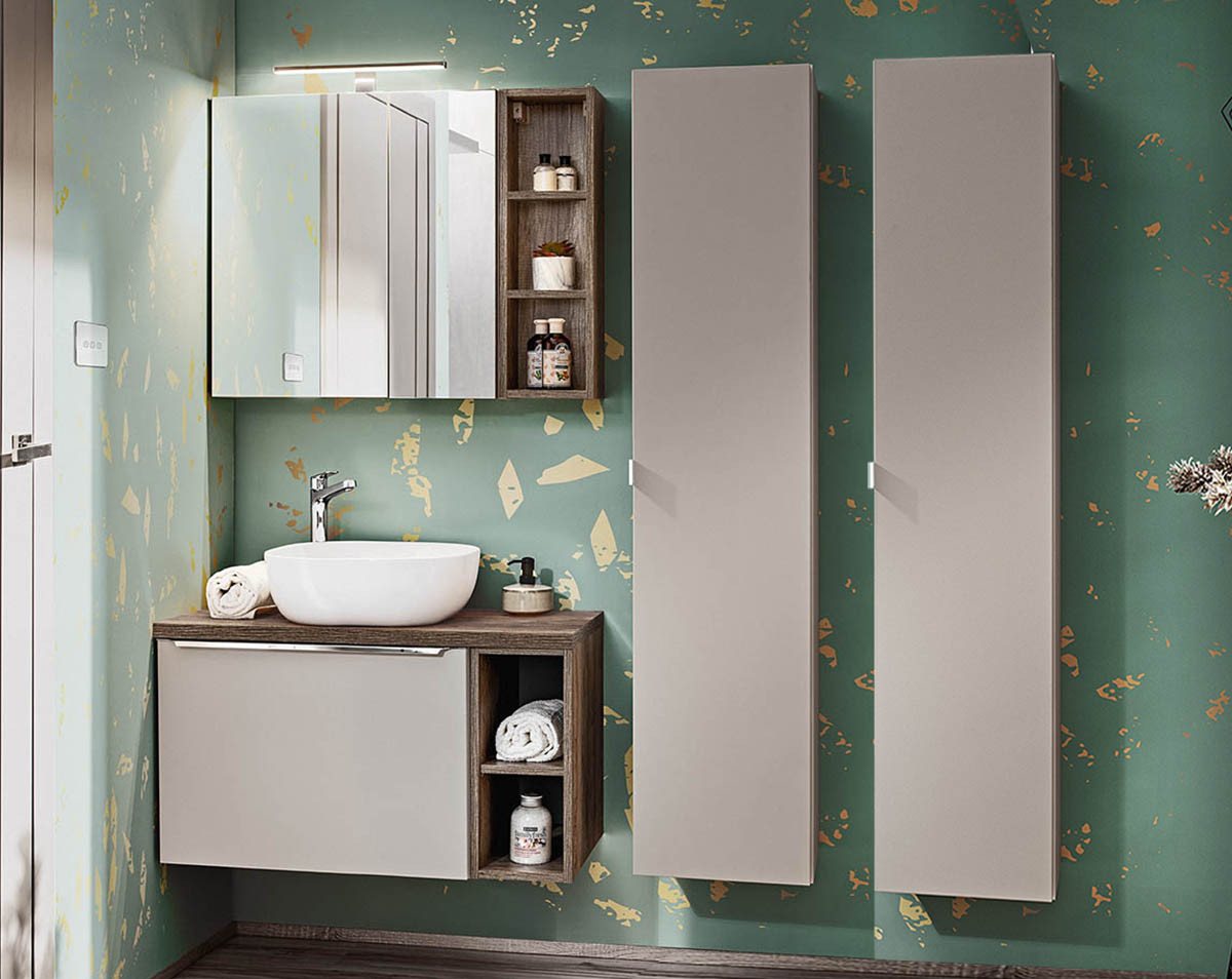 einfachgutemoebel Waschtisch-Set Badezimmer Set 4-teilig TRUFFEAU 80cm II, mit Becken, Trüffel-Eiche, (Badmöbel Set, 1-St., Waschtisch Unterschrank) von einfachgutemoebel