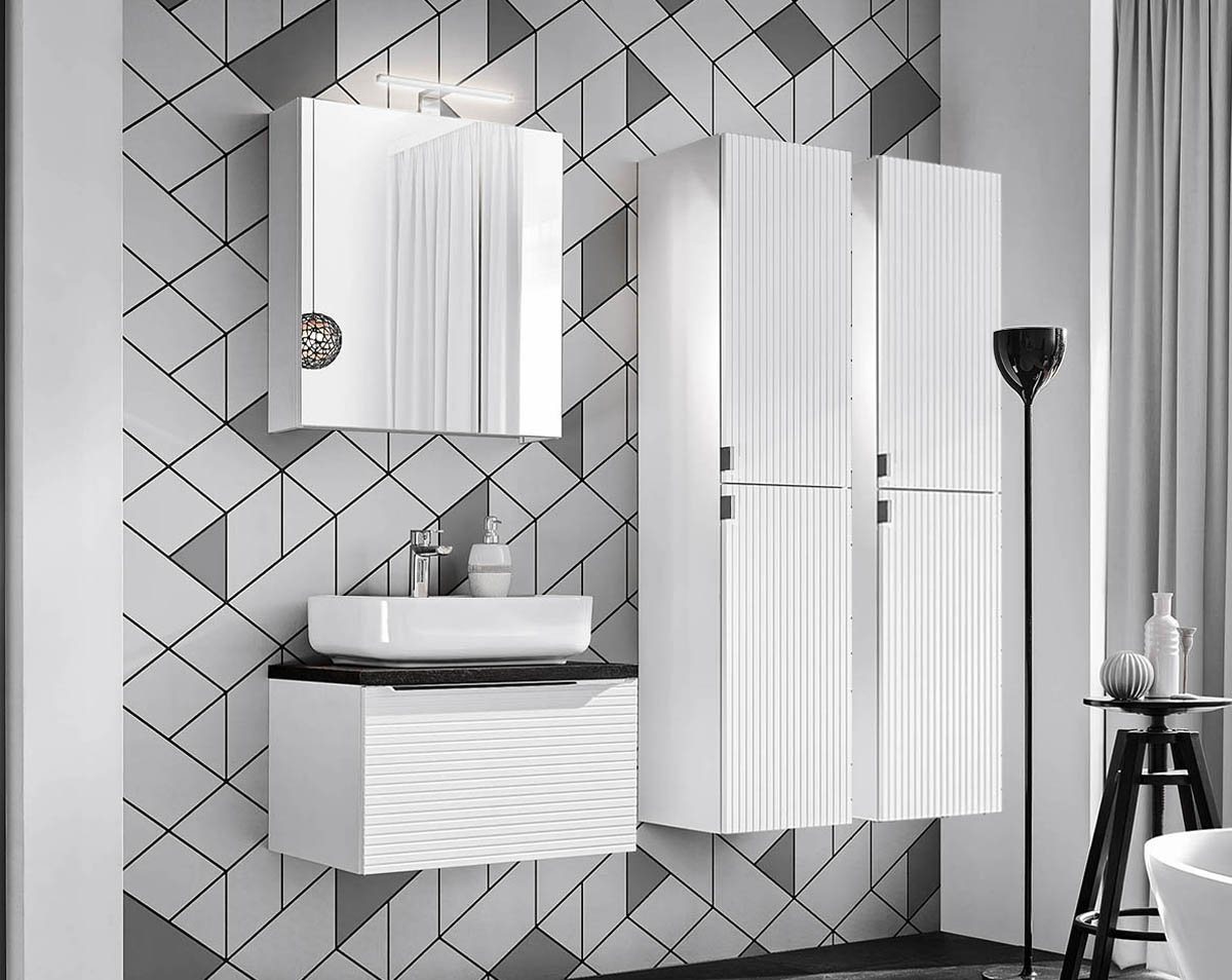 einfachgutemoebel Waschtisch-Set Badezimmer Set 4-tlg Whitskand 60cm, Aufsatzbecken, weiß-graueiche von einfachgutemoebel