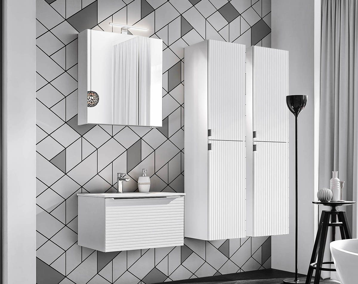 einfachgutemoebel Waschtisch-Set Badezimmer Set 4-tlg Whitskand 60cm, Einbaubecken, weiß-graueiche von einfachgutemoebel