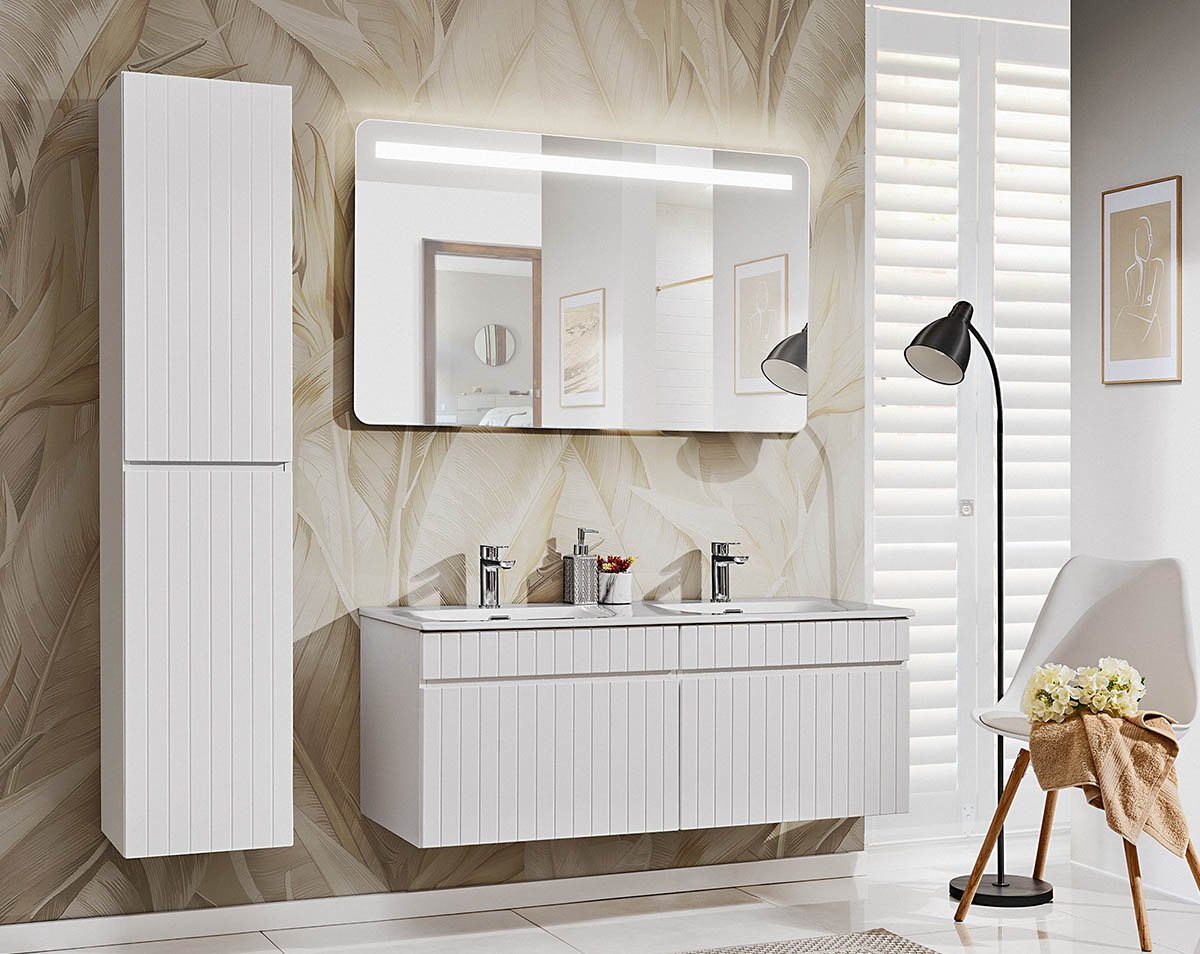 einfachgutemoebel Waschtisch-Set Badezimmer VITTAVLA 120cm Set 3-tlg., Einbaubecken, matt-weiß von einfachgutemoebel