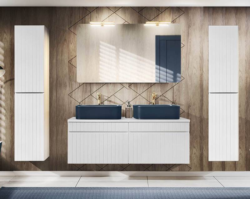einfachgutemoebel Waschtisch-Set Badezimmer VITTAVLA 120cm Set 4-tlg., Aufsatzbecken blau, matt-weiß, (Badmöbel Set, 1-St., Waschtisch Set 4-teilig) von einfachgutemoebel