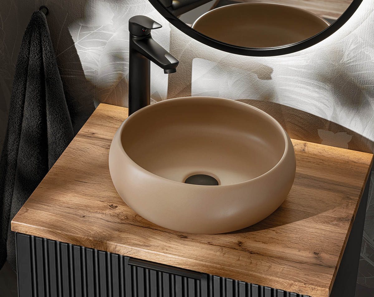 einfachgutemoebel Waschtisch-Set Badezimmer Waschplatz Blackened 60cm, Becken beige matt, schwarz, (Badmöbel Set, 1-St., Waschtisch Unterschrank) von einfachgutemoebel