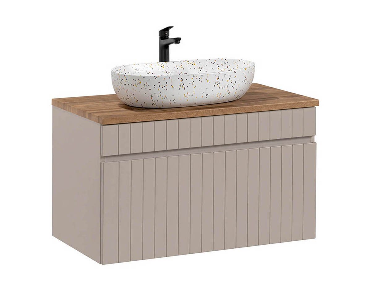 einfachgutemoebel Waschtisch-Set Badezimmer Waschplatz KARATA 80cm, Aufsatzbecken weiß, kaschmir grey, (Badmöbel Set, 1-St., Waschtisch Unterschrank) von einfachgutemoebel