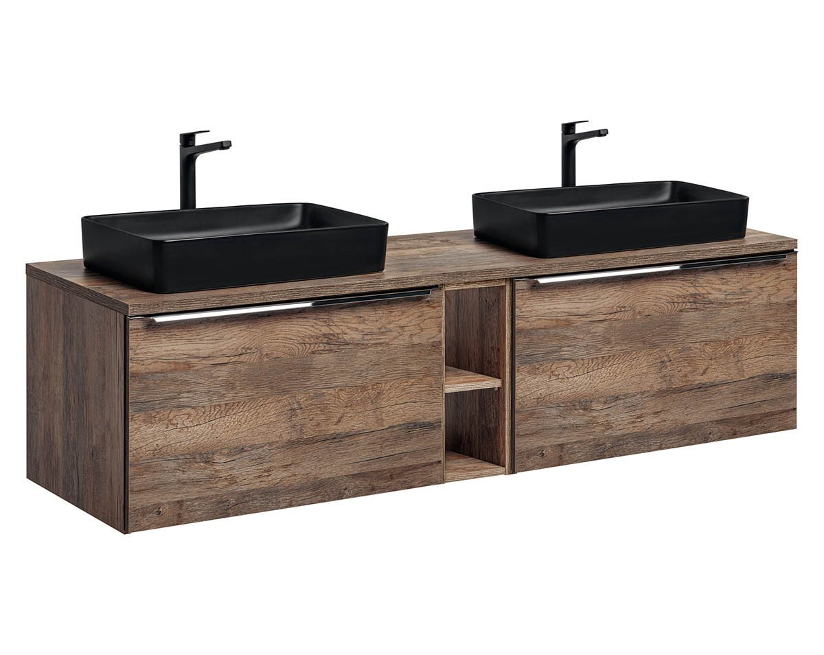 einfachgutemoebel Waschtisch-Set Badezimmer Waschplatz OAKLEE 180cm, Aufsatz-Waschbecken, Rauch-Eiche, (Badmöbel Set, 1-St., Waschtisch Unterschrank) von einfachgutemoebel