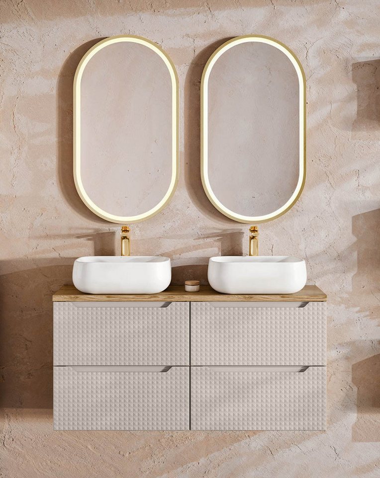 einfachgutemoebel Waschtisch-Set Badmöbel-Set 120cm Aufsatzbecken, 3-teilig beige-oak, LUX Achat, (Badmöbel Set, 1-St., Waschtisch Unterschrank) von einfachgutemoebel