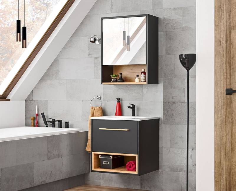 einfachgutemoebel Waschtisch-Set Badmöbel Set 2-tlg. BORNEO 60cm, Einbau-Becken, cosmos-grau - eiche, (Badmöbel Set, 1-St., Waschtisch Set 3-tlg) von einfachgutemoebel