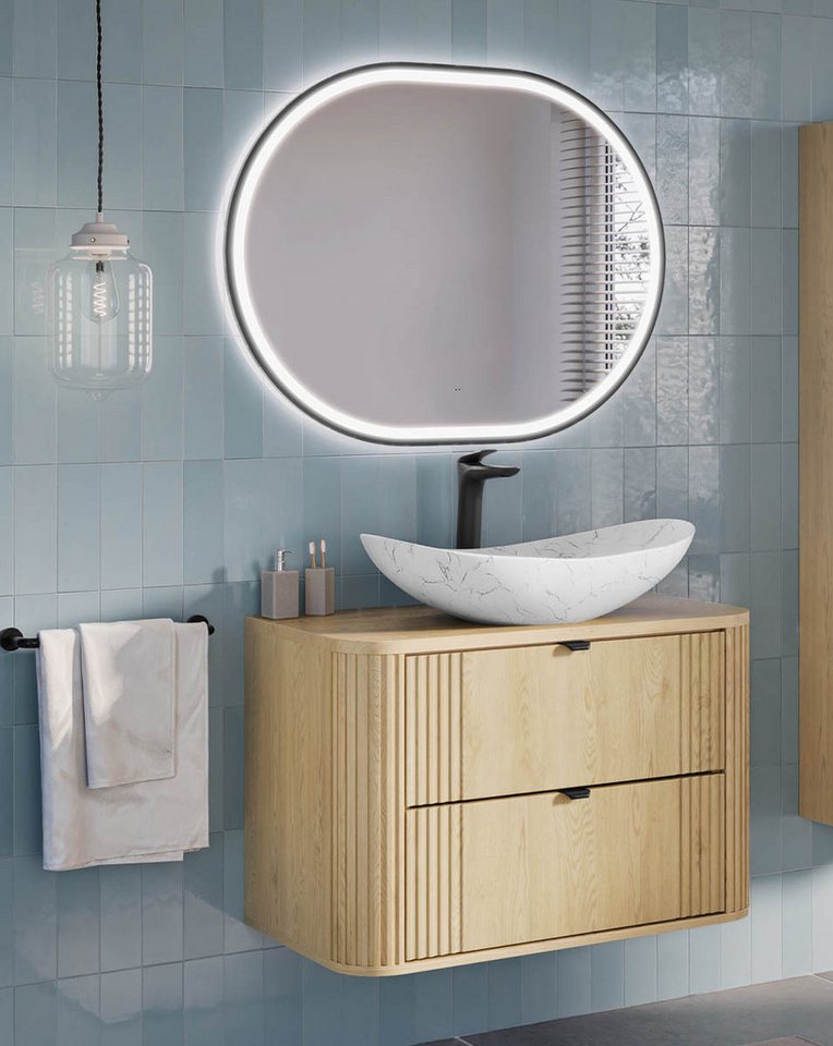 einfachgutemoebel Waschtisch-Set Badmöbel-Set 80cm, 2-tlg. Becken oval weiß, cream oak, OLIVE GARDEN, (Badmöbel Set, 1-St., Waschtisch Unterschrank) von einfachgutemoebel