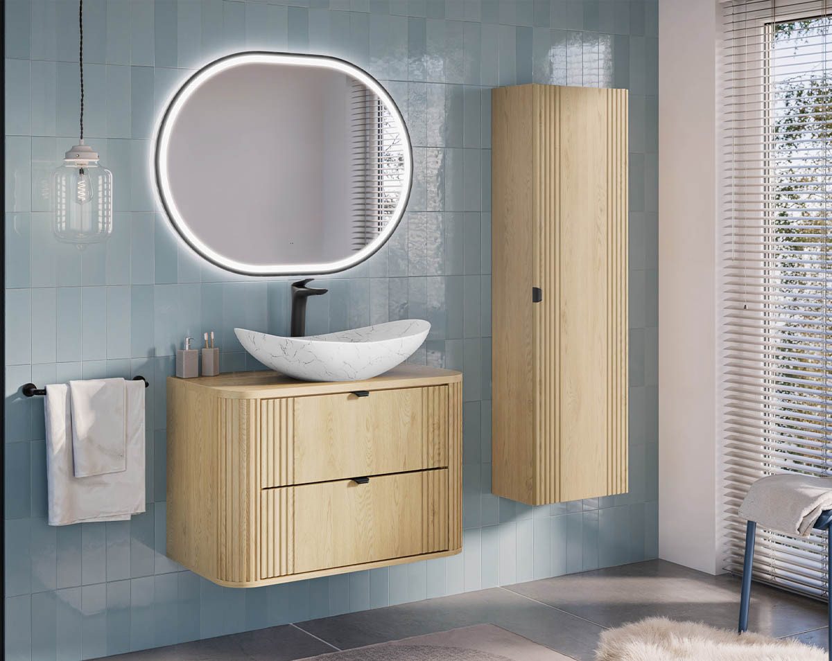 einfachgutemoebel Waschtisch-Set Badmöbel-Set 80cm, 3-tlg. Becken oval weiß, cream oak, OLIVE GARDEN, (Badmöbel Set, 1-St., Waschtisch Unterschrank) von einfachgutemoebel