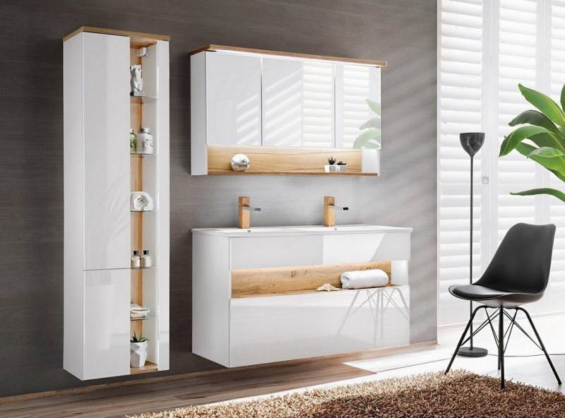 einfachgutemoebel Waschtisch-Set Badmöbel-Set Bahama 3-tlg 120cm, Double, weiß-hochglanz-wildeiche, (1-St., Unterschrank & Waschbecken mit Spiegelschrank, Hochschrank) von einfachgutemoebel