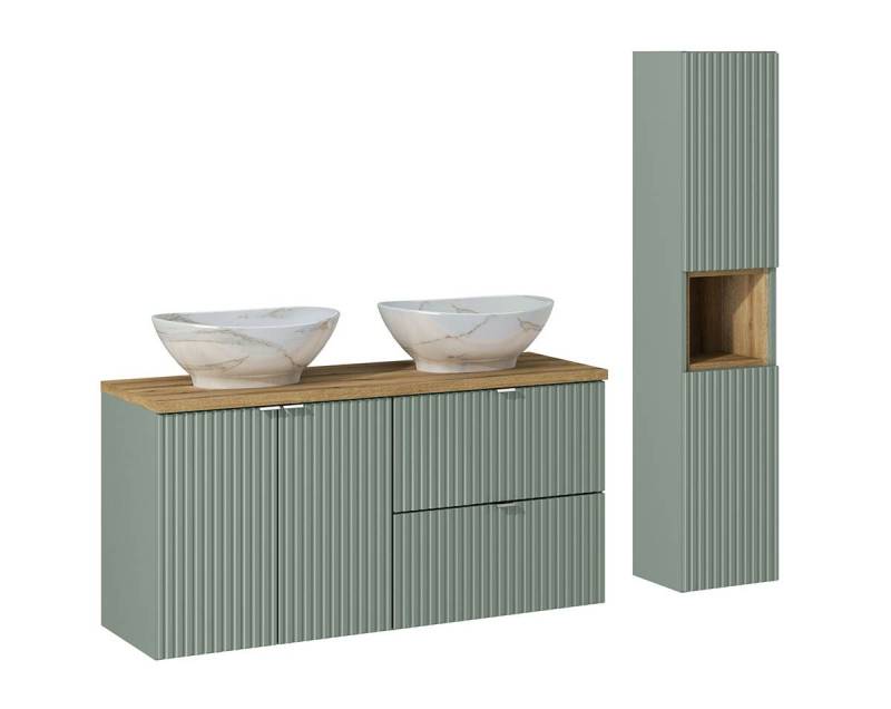 einfachgutemoebel Waschtisch-Set Badset LINETTE 120cm Schübe & Türen, 2-tlg Becken Ob oak, grün, (Badmöbel Set, 1-St., Waschtisch Set 7-teilig) von einfachgutemoebel