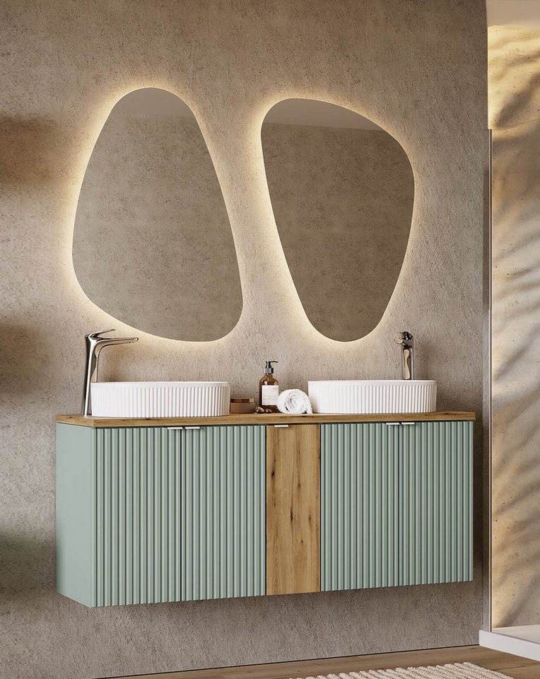 einfachgutemoebel Waschtisch-Set Badset Waschplatz LINETTE 140cm mit Türen, 3-tlg Becken Riffel, grün, (Badmöbel Set, 1-St., Waschtisch Set 3-teilig) von einfachgutemoebel