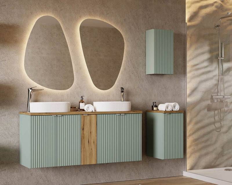 einfachgutemoebel Waschtisch-Set Badset Waschplatz LINETTE 140cm mit Türen, 5-tlg Becken Riffel, grün, (Badmöbel Set, 1-St., Waschtisch Set 5-teilig) von einfachgutemoebel