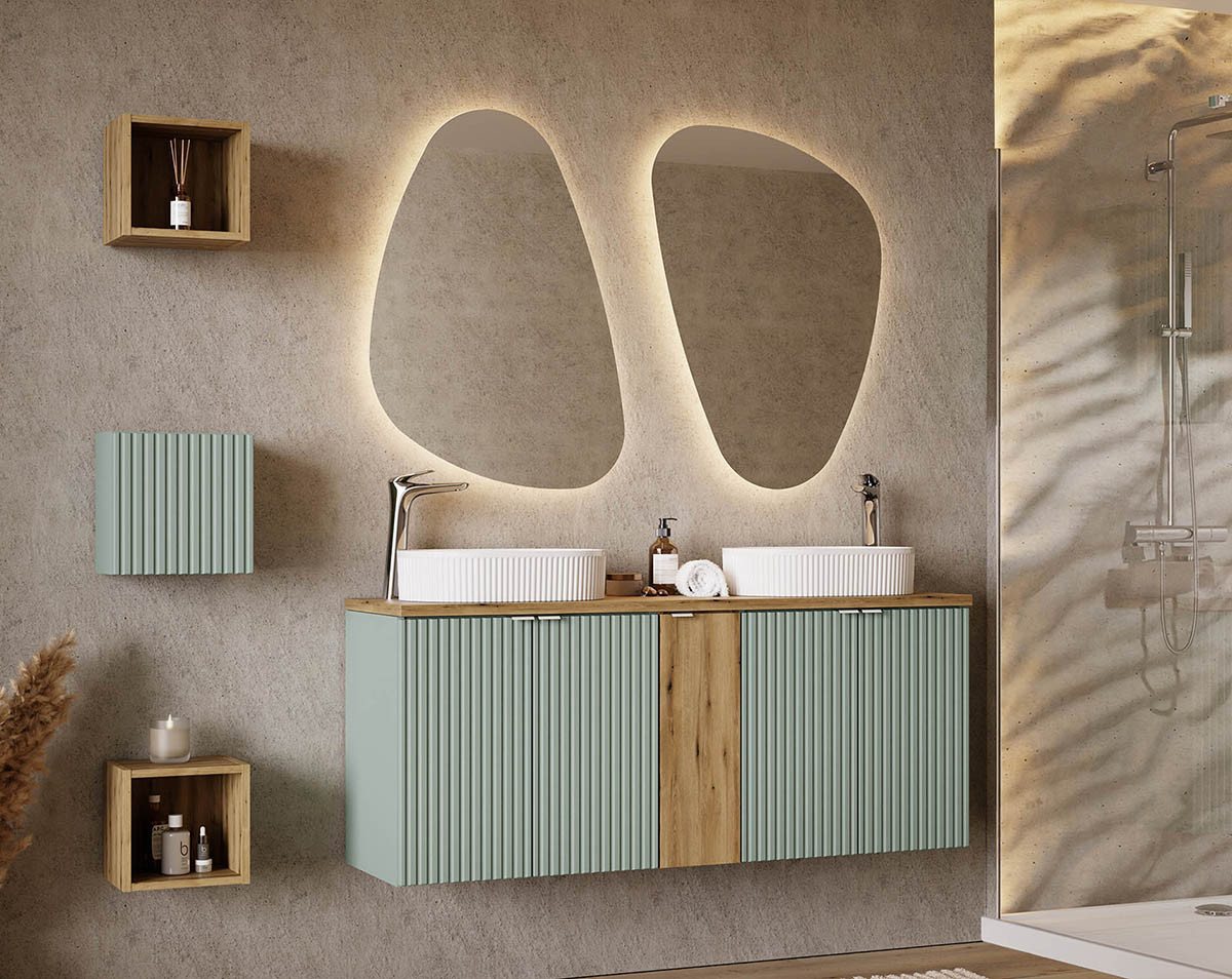 einfachgutemoebel Waschtisch-Set Badset Waschplatz LINETTE 140cm mit Türen, 6-tlg Becken Riffel, grün, (Badmöbel Set, 1-St., Waschtisch Set 8-teilig) von einfachgutemoebel