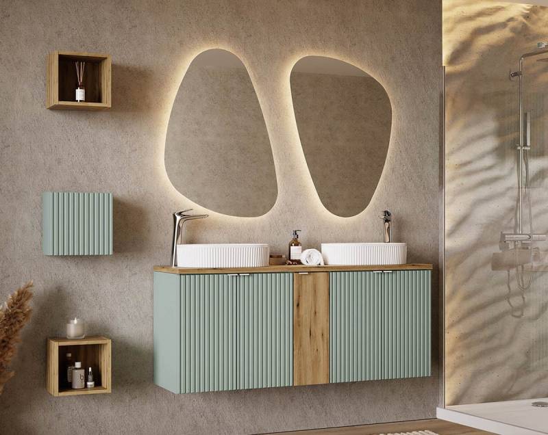 einfachgutemoebel Waschtisch-Set Badset Waschplatz LINETTE 140cm mit Türen, 6-tlg Becken Riffel, grün, (Badmöbel Set, 1-St., Waschtisch Set 8-teilig) von einfachgutemoebel