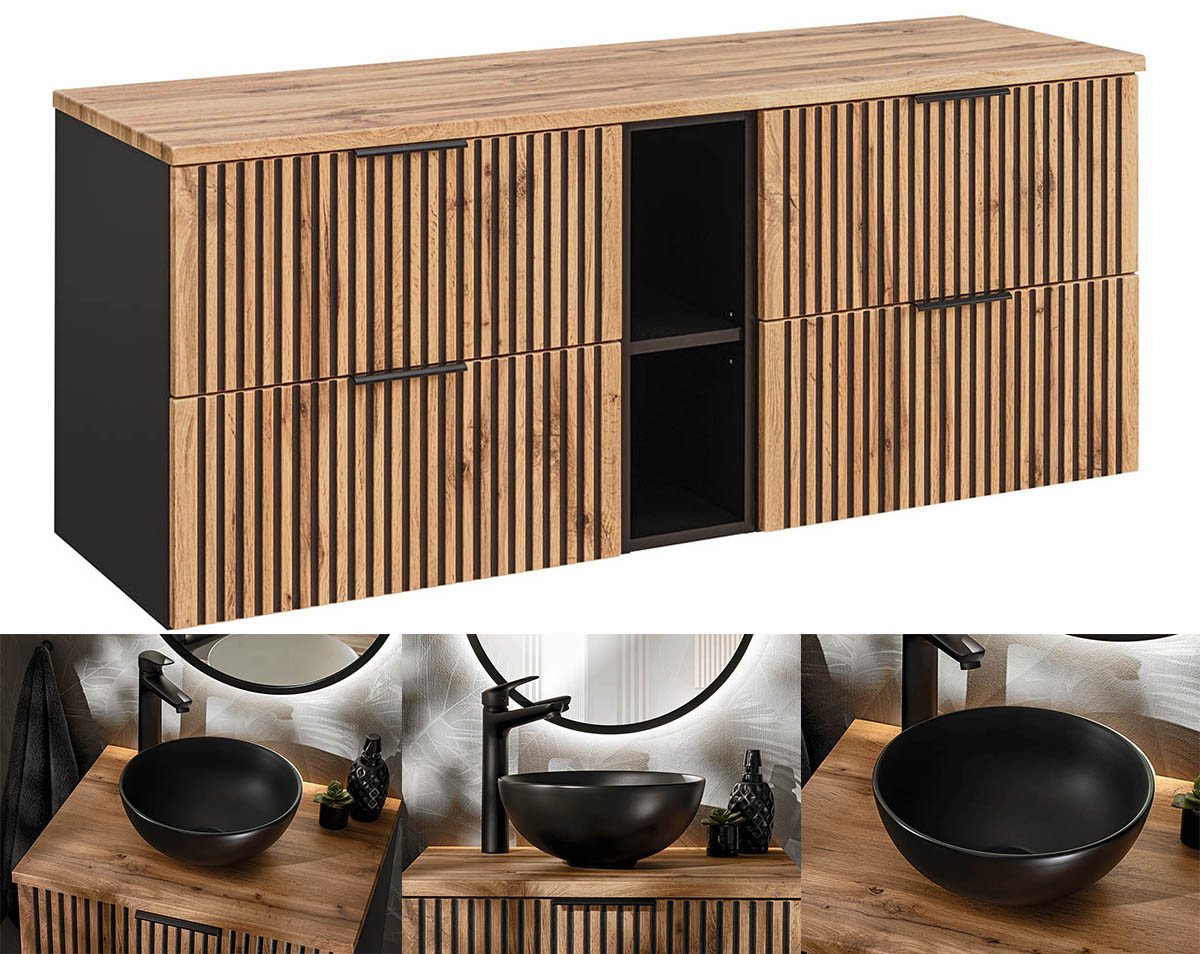 einfachgutemoebel Waschtisch-Set Doppelwaschplatz Tribune 180cm, 2 Becken bkmatt, Black - Wotan-Eiche, (Badmöbel Set, 1-St., Waschtisch Unterschrank) von einfachgutemoebel