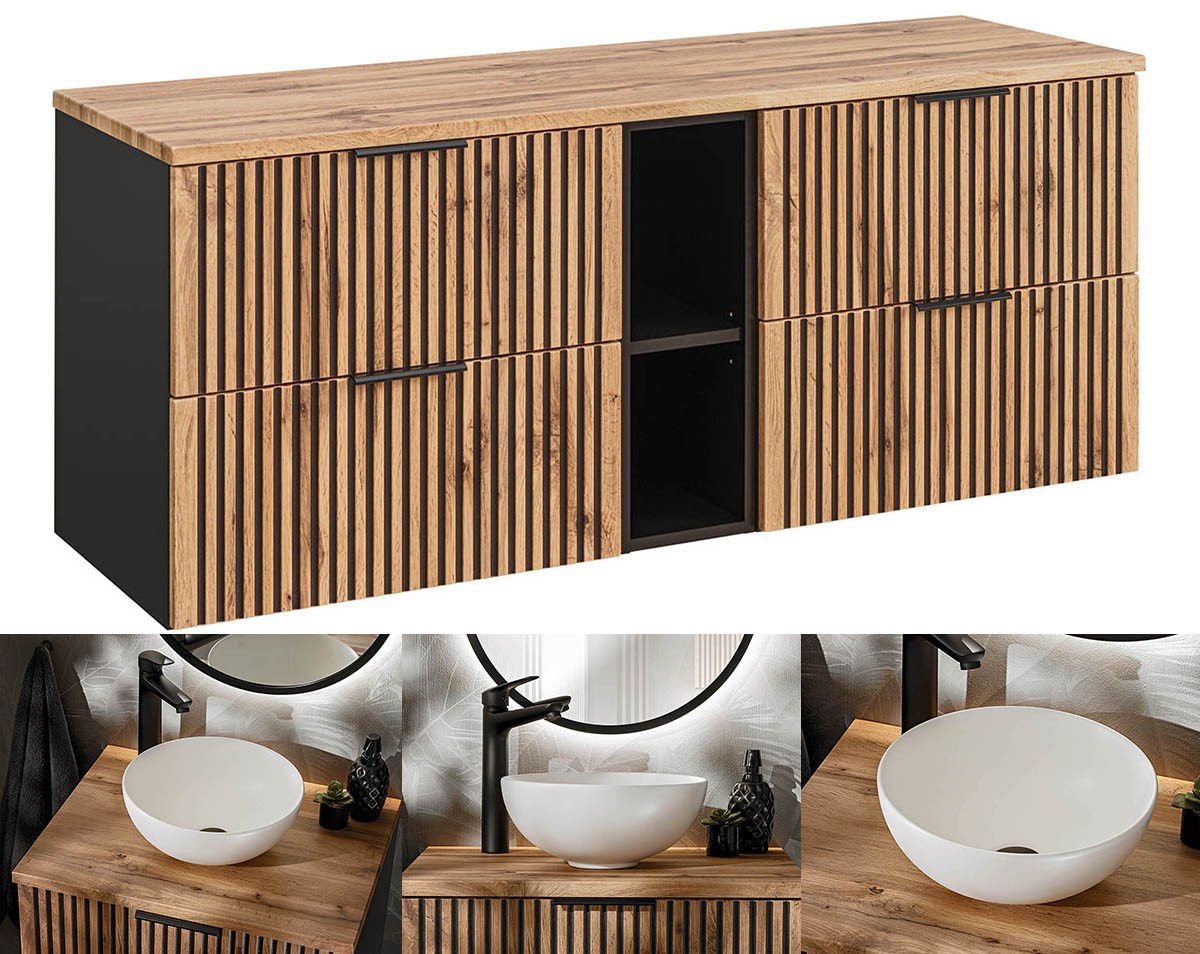 einfachgutemoebel Waschtisch-Set Doppelwaschplatz Tribune 180cm, 2 Becken wmatt, Black - Wotan-Eiche, (Badmöbel Set, 1-St., Waschtisch Unterschrank) von einfachgutemoebel