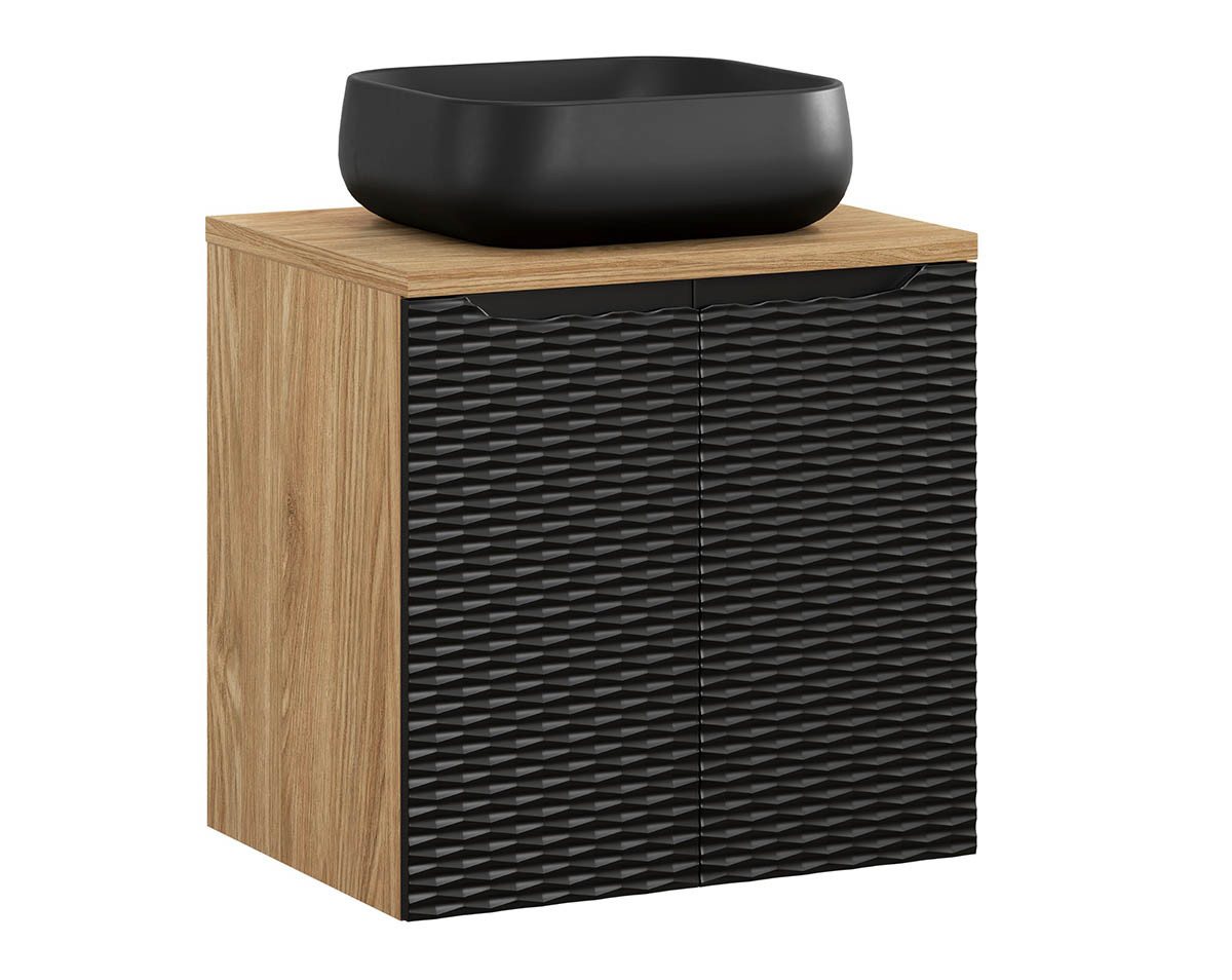 einfachgutemoebel Waschtisch-Set Waschplatz 60cm Aufsatzbecken black & Türen, schwarz-oak, OZEAN Onyx, (Badmöbel Set, 1-St., Waschtisch Unterschrank) von einfachgutemoebel