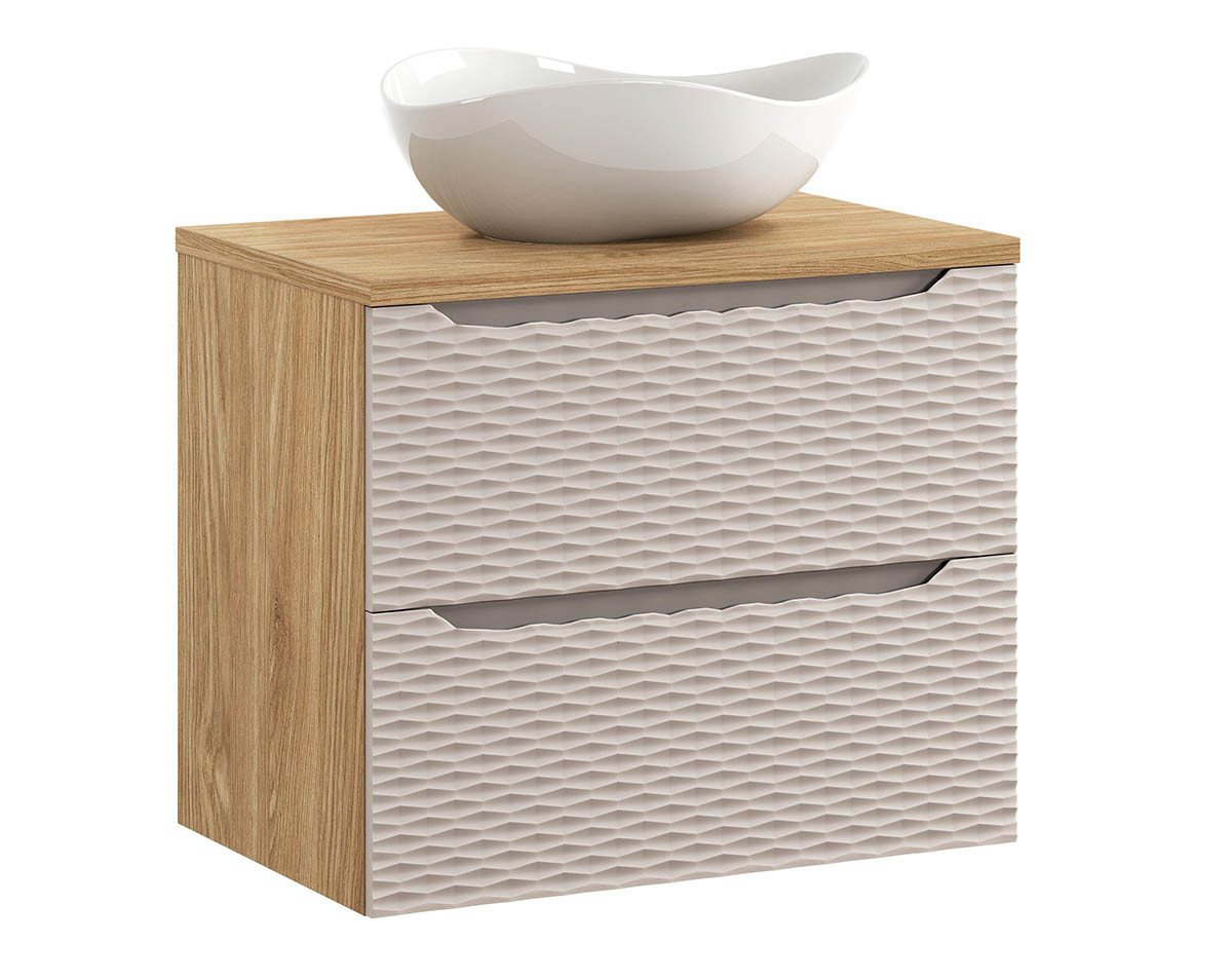 einfachgutemoebel Waschtisch-Set Waschplatz 70cm Schübe & Aufsatzbecken Cloud, beige-oak, OZEAN Achat, (Badmöbel Set, 1-St., Waschtisch Unterschrank) von einfachgutemoebel