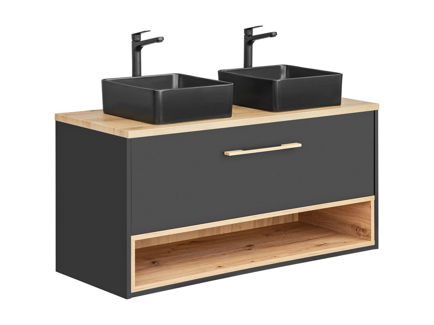 einfachgutemoebel Waschtisch-Set Waschplatz BORNEO 120cm, 2x Becken blk, Cosmos-grau - Artisan-eiche, (Badmöbel Set, 1-St., Waschtisch Unterschrank + Becken) von einfachgutemoebel