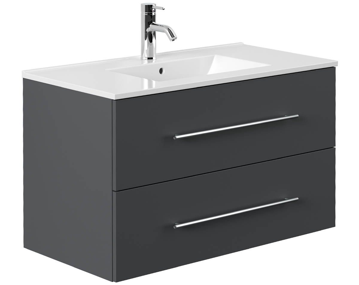 einfachgutemoebel Waschtisch-Set Waschplatz KUBOA 90cm, Keramikbecken, graphit grau, (Badmöbel Set, 1-St., Waschtisch Set) von einfachgutemoebel