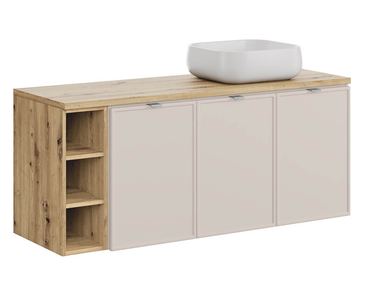 einfachgutemoebel Waschtisch-Set Waschplatz140cm mit Aufsatzbecken weiß & Regal, kaschmir-oak, BELEZA, (Badmöbel Set, 1-St., Waschtisch Unterschrank) von einfachgutemoebel