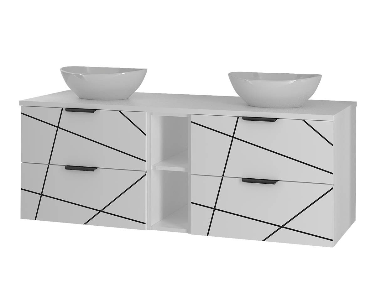 einfachgutemoebel Waschtisch-Set Waschtisch 140cm STRIATA, Matt-Weiß Regal & Aufsatzbecken, (Badmöbel Set, 1-St., Waschtisch Unterschrank) von einfachgutemoebel