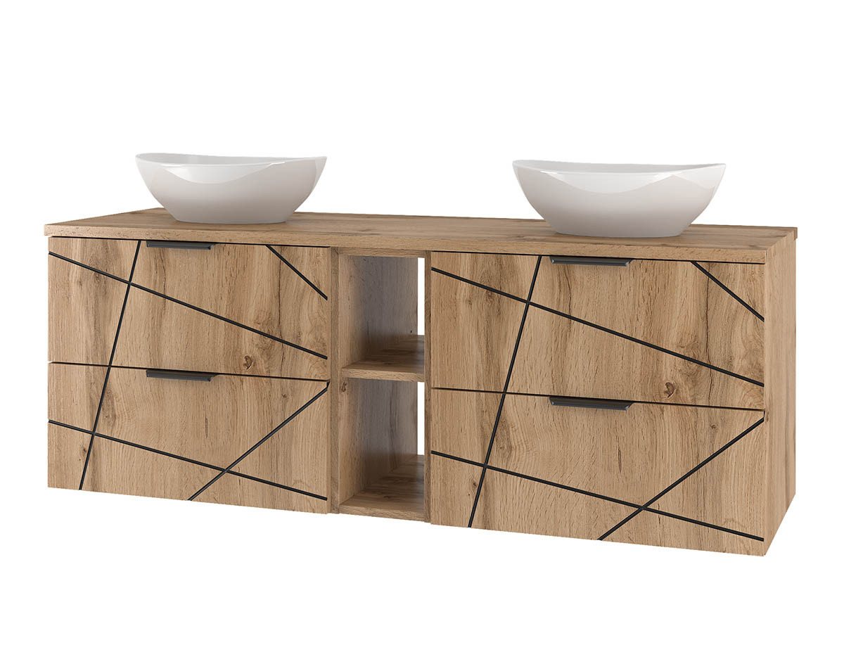 einfachgutemoebel Waschtisch-Set Waschtisch 140cm STRIATA, Wotan-Eiche Regal & Aufsatzbecken, (Badmöbel Set, 1-St., Waschtisch Unterschrank) von einfachgutemoebel