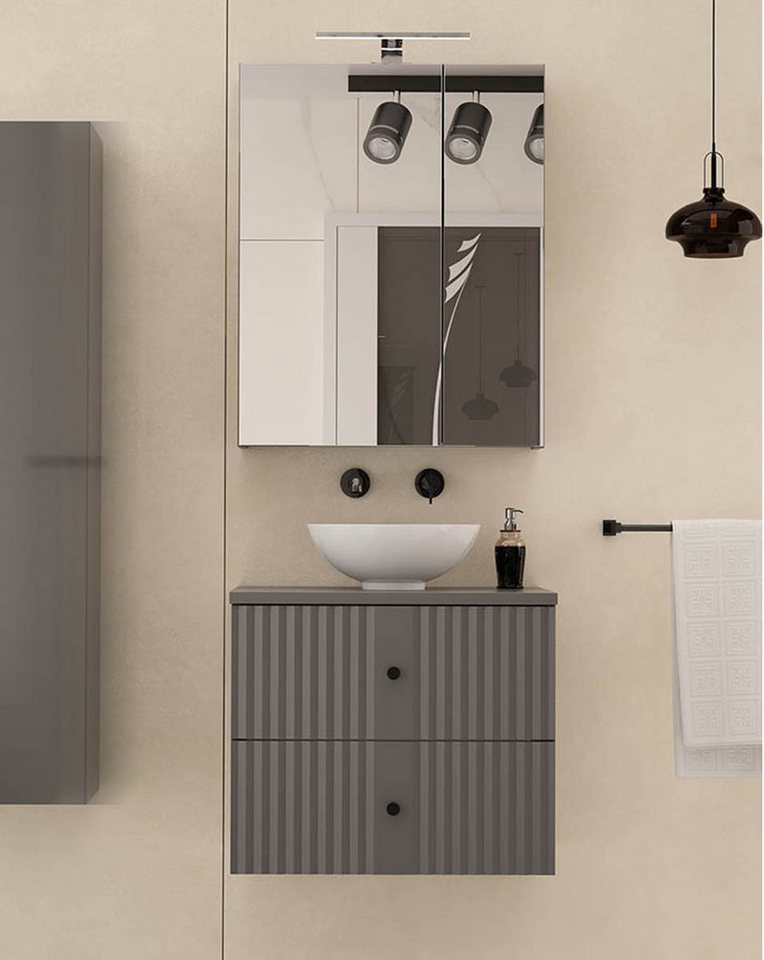 einfachgutemoebel Waschtisch-Set Waschtisch Set 60cm 2tlg. AshLine, Graphit mit Aufsatzbecken, (Badmöbel Set, 1-St., Waschtisch Unterschrank) von einfachgutemoebel