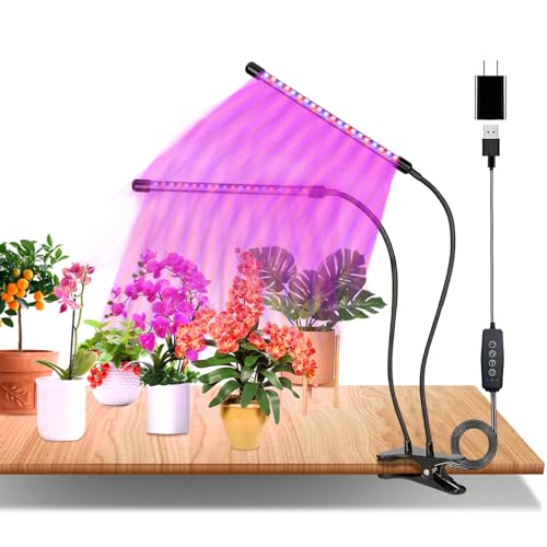 Pflanzenlampe LED Vollspektrum, 2 Köpfe 60 LEDs Grow Lampe mit Zeitschaltuhr 3/6/12 Std, 360 ° verstellbare Pflanzenlicht, grow light mit USB Adapter, 3 Lichter Modi und 10 Helligkeitsstufen,0030 von eisaro