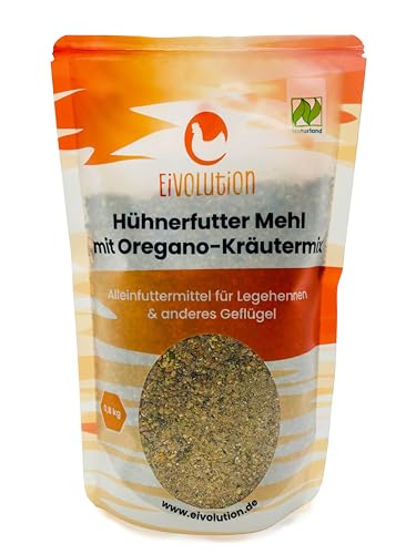 Eivolution Bio-Hühnerfutter Legemehl mit Oregano-Kräutermix 800g – Probiergröße - Vollwertiges Alleinfutter für Legehennen, Wachteln und Geflügel – Natürlich, Gesund & Lecker von eivolution