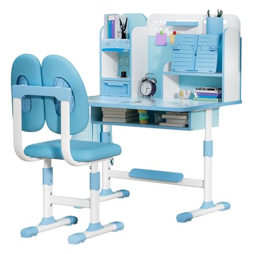 ejlaikmm Kids Study Desk und Stuhl Set, Einstellbarer Kinderschreibtisch mit Stuhl, Schulstudienstuhl Set sitzendem Korrektor, Bücherregal, Kinder schreiben Arbeit Computer Schreibtisch für Blau von ejlaikmm