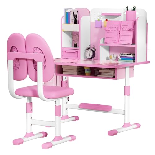 ejlaikmm Kids Study Desk und Stuhl Set, Einstellbarer Kinderschreibtisch mit Stuhl, Schulstudienstuhl Set sitzendem Korrektor, Bücherregal, Kinder schreiben Arbeit Computer Schreibtisch für Rosa von ejlaikmm