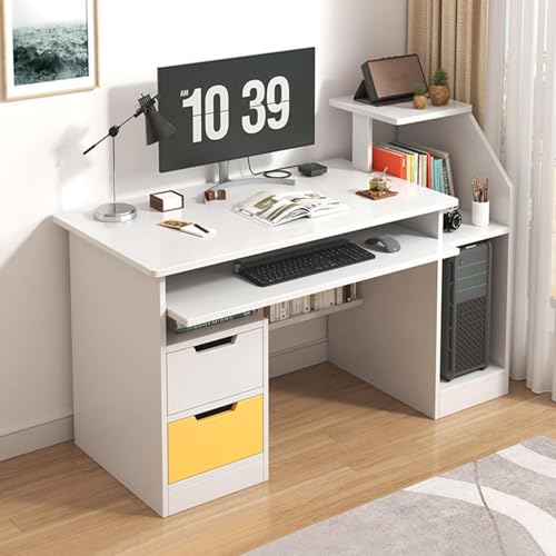 Weißer Computertisch mit Schubladen, 46 '' Office Gaming Computertabelle Tastaturablett, Student Desk Bücherregal, Eckbüroschreibtisch für kleine Räume, Home -Schreibstudientisch von ejlaikmm