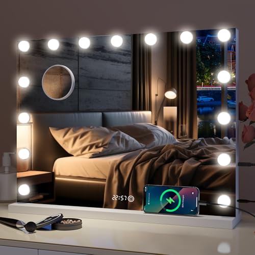 eklipt Schminkspiegel mit Beleuchtung, Hollywood Spiegel mit Beleuchtung, 15 LED Licht Dimmbare mit 3 Lichtmodi und USB, Temperatur- und Zeitanzeige,10X Vergrößerung Touch Control 58x45cm von eklipt