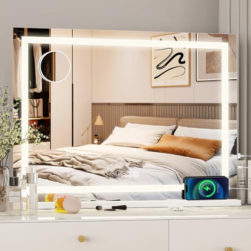 eklipt Hollywood Schminkspiegel mit Beleuchtung 58x46, Spiegel mit Beleuchtung Tischspiegel mit 3 Farbtemperatur Touch Schalter USB und Type-C 10x Vergrößerung Zeit und Temperaturanzeige Wandspiegel von eklipt